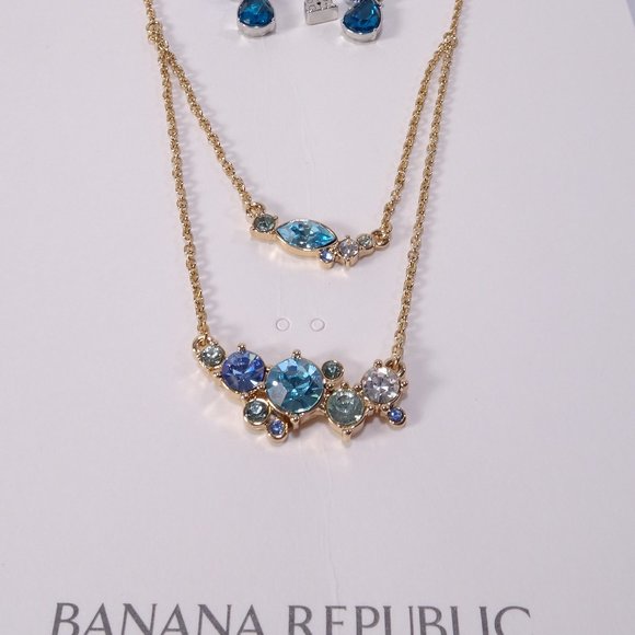 Banana Republic Lapis Turq Two layer necklace Bold Drop Earrings NWT 98 - Picture 2 of 12